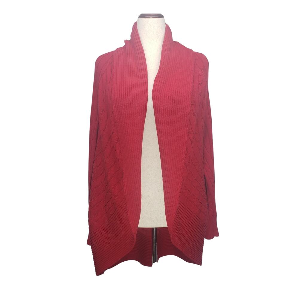 Chaps Women’s Plus 2X Red Cable Knit Waterfall Cardigan Sweater Cozy Cabincore